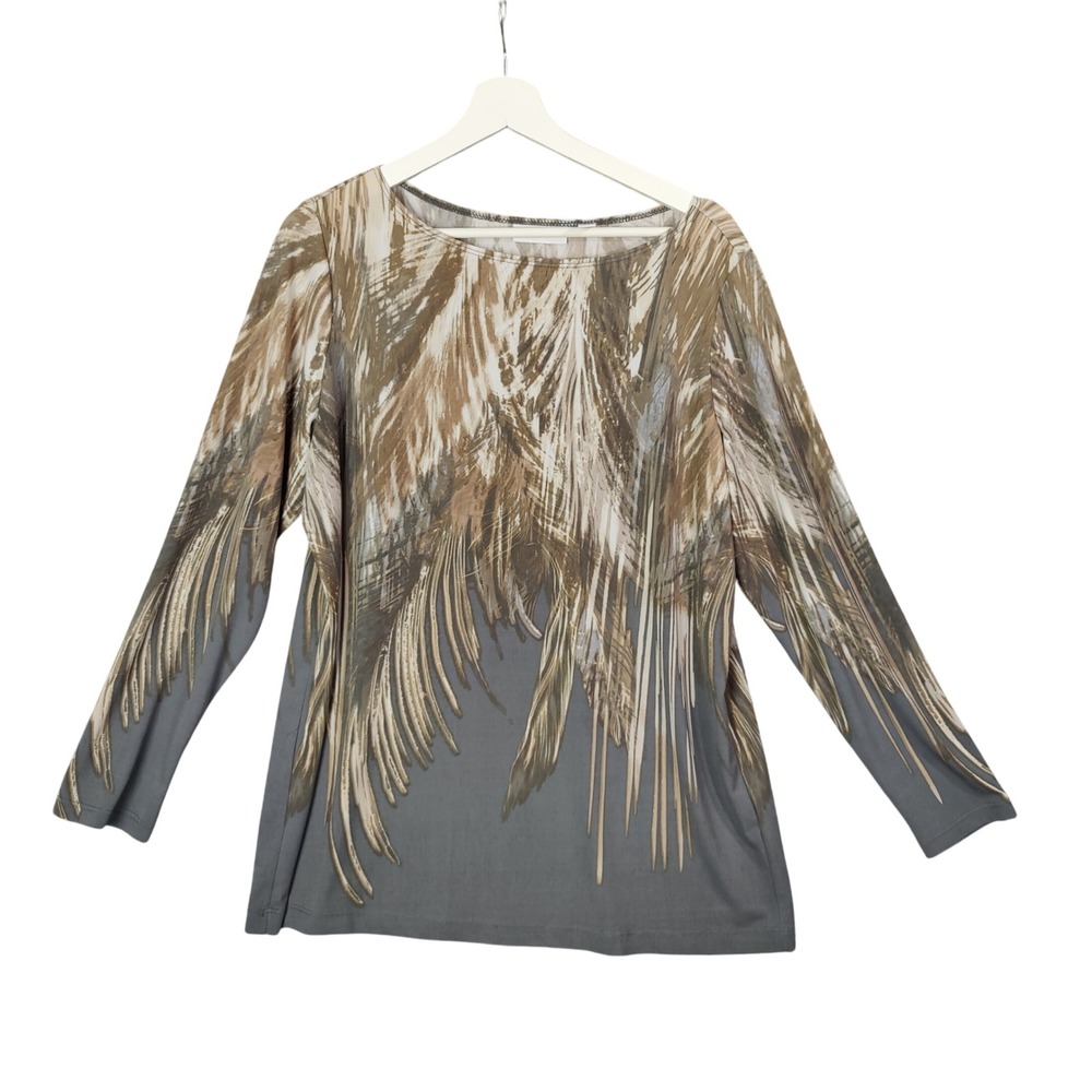 Susan‎ Graver Tropical Resort Palm Stretchy Top Long Sleeve Knit Gray Womens L